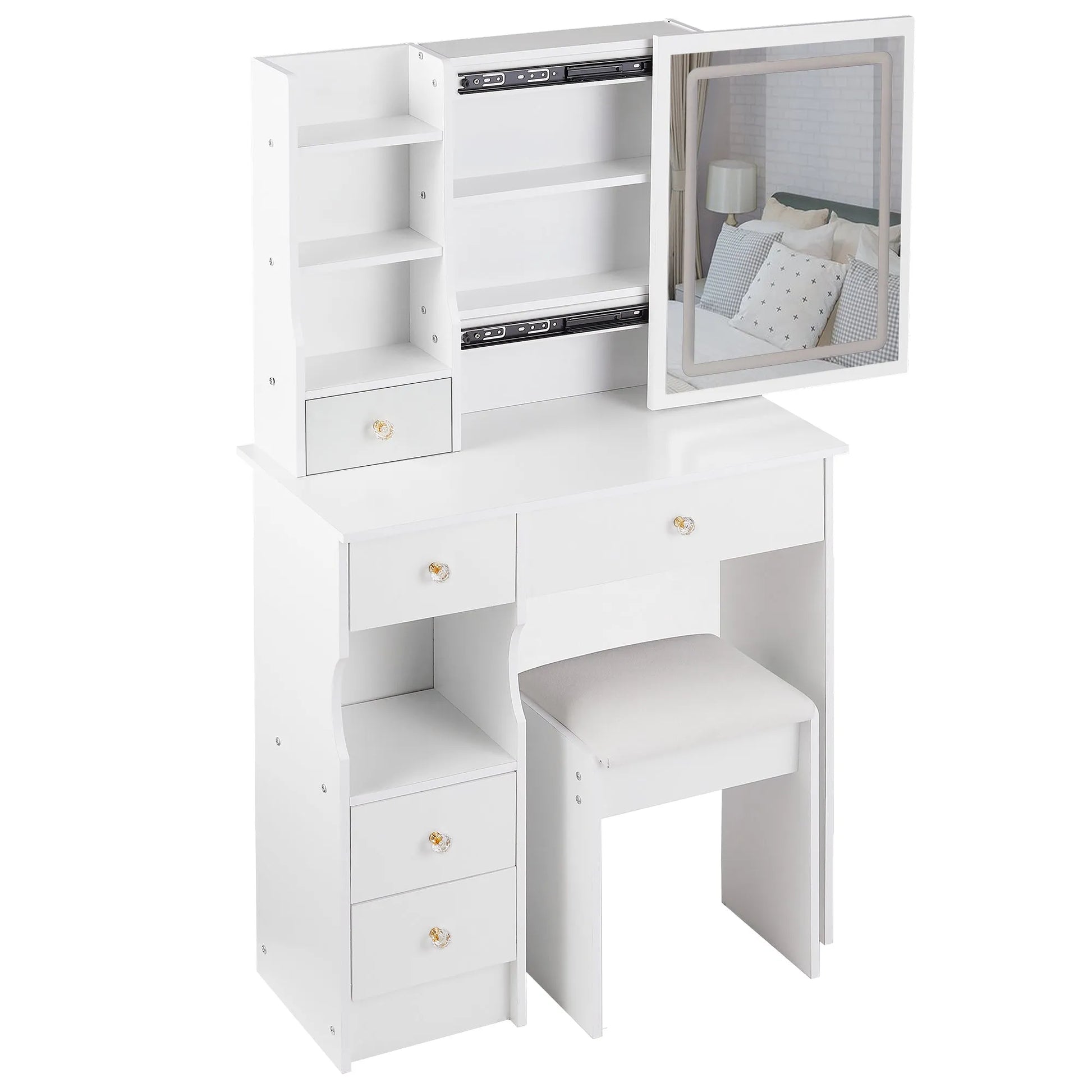 29.2' Small Size Left Drawer Desktop Vanity Table + Cushioned Stool, Large Sliding, Touch Control, Tri-color Switching, Brightness Adjust LED Mirror – view 18