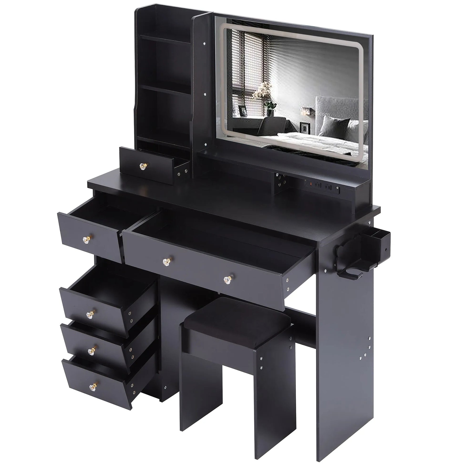 41' Large Size Left Drawer Desktop Vanity Table+Cushioned Stool Dresser Set, 2 AC+2 USB Power Station, Hair Dryer Stand, Extra Large Touch Control – view 18