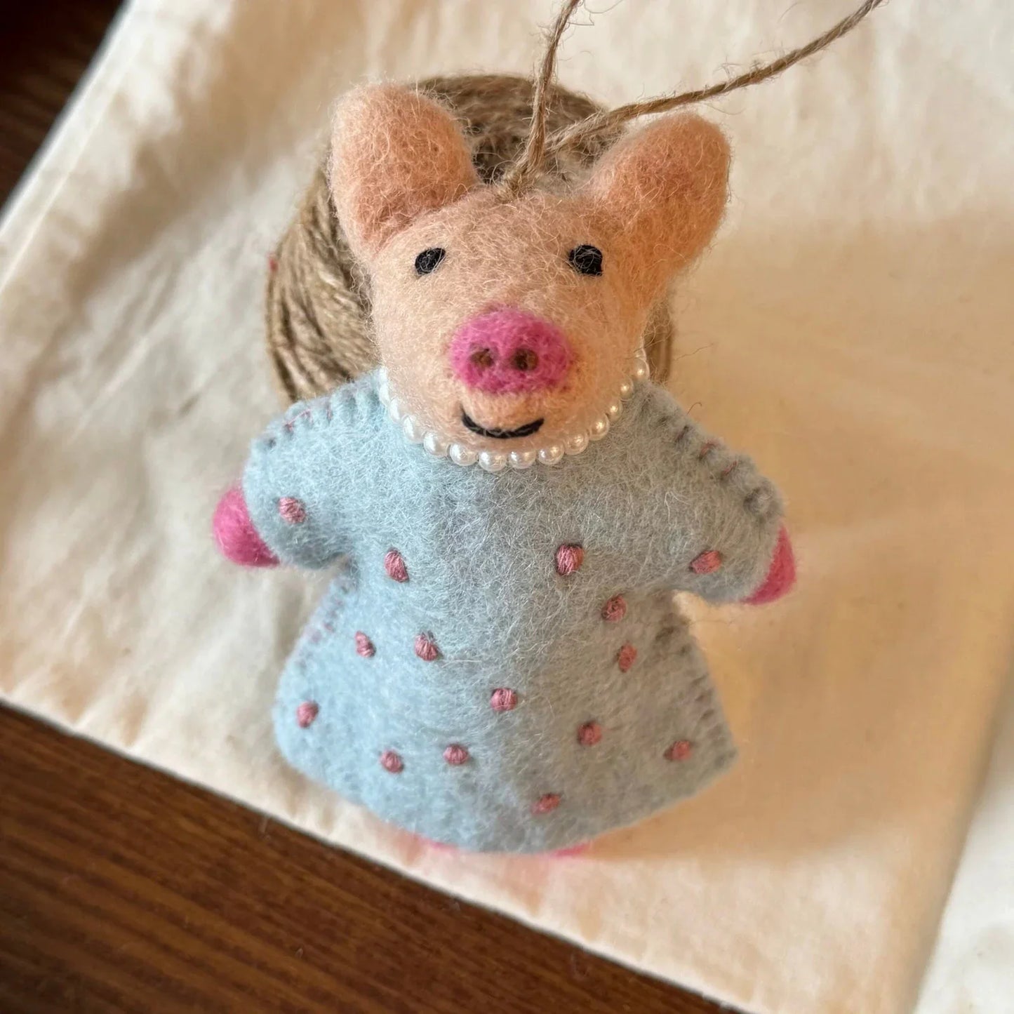 Pig in Blue Dress handmade wool felt bag charm and keychain