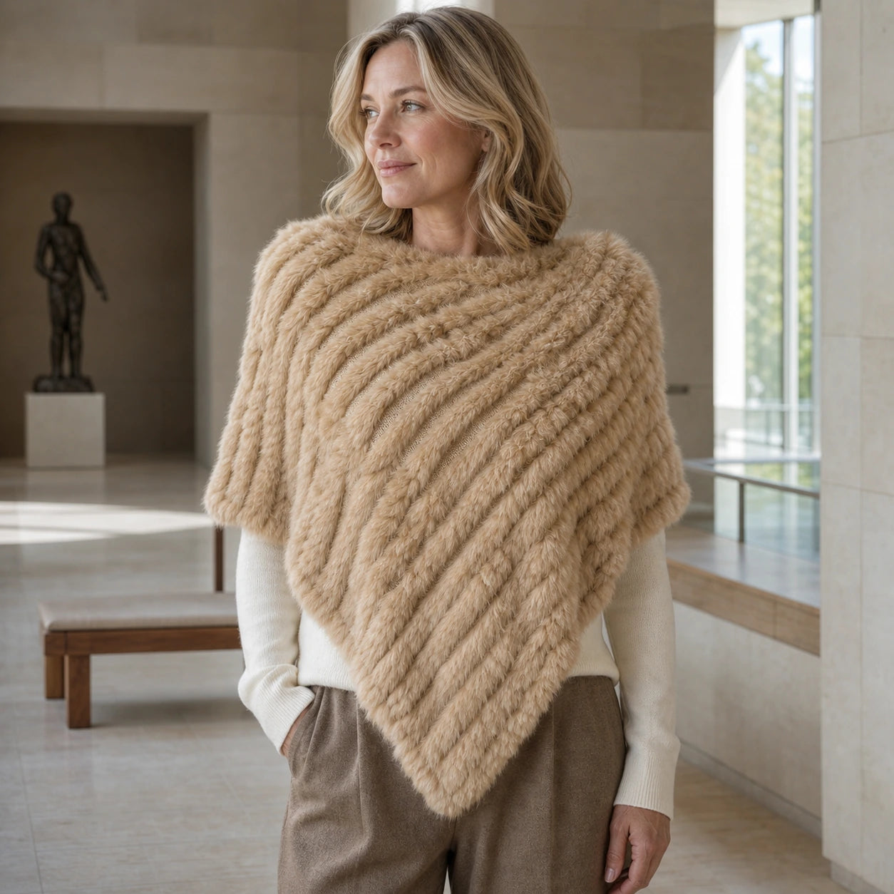 Beige rabbit fur knit poncho worn by an adult woman in an American gallery