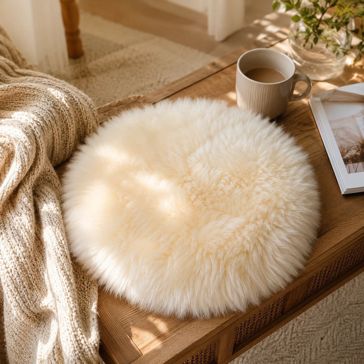 Cream genuine long-wool sheepskin round pad styled beside a coffee table