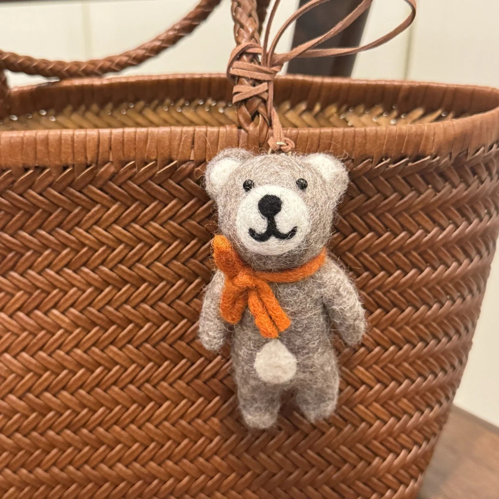 gray bear handmade wool felt bag charm