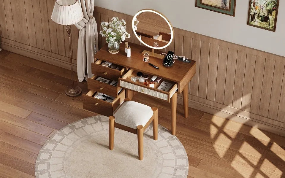 39' Retro Bohemian Style Wooden Makeup Vanity Set with Charging Plug&USB Port and Stool, Dressing Table with 3 Storage Drawers and 1 Rectangular – view 19