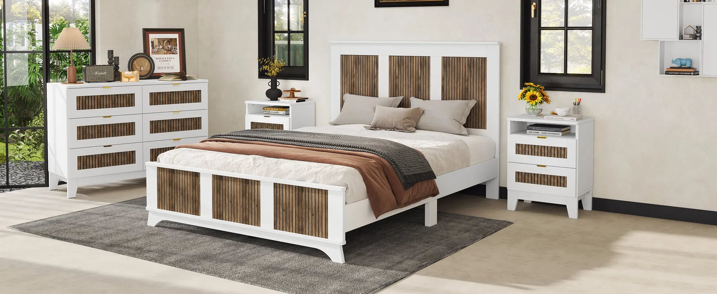 4-Pieces Bedroom Sets, Queen Size Farmhouse Platform Bed with Wooden Strip Stickers Decoration, Storage Nightstand and Dresser with Metal Handle – view 19