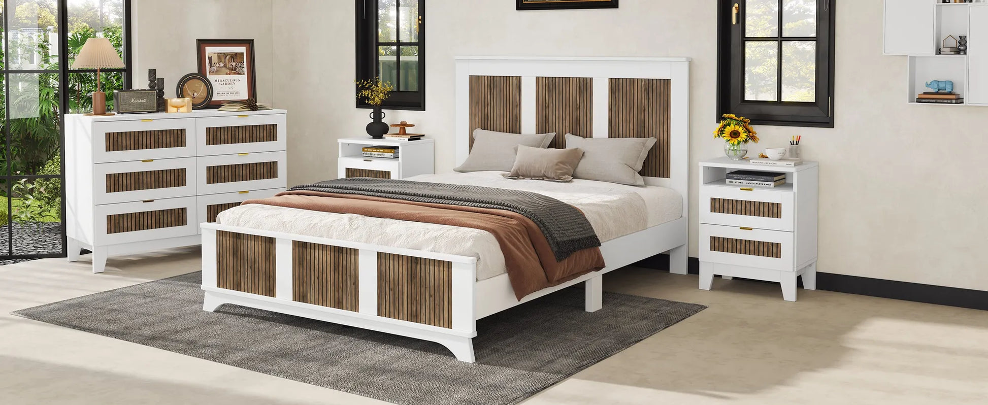 4-Pieces Bedroom Sets, Queen Size Farmhouse Platform Bed with Wooden Strip Stickers Decoration, Storage Nightstand and Dresser with Metal Handle – view 19