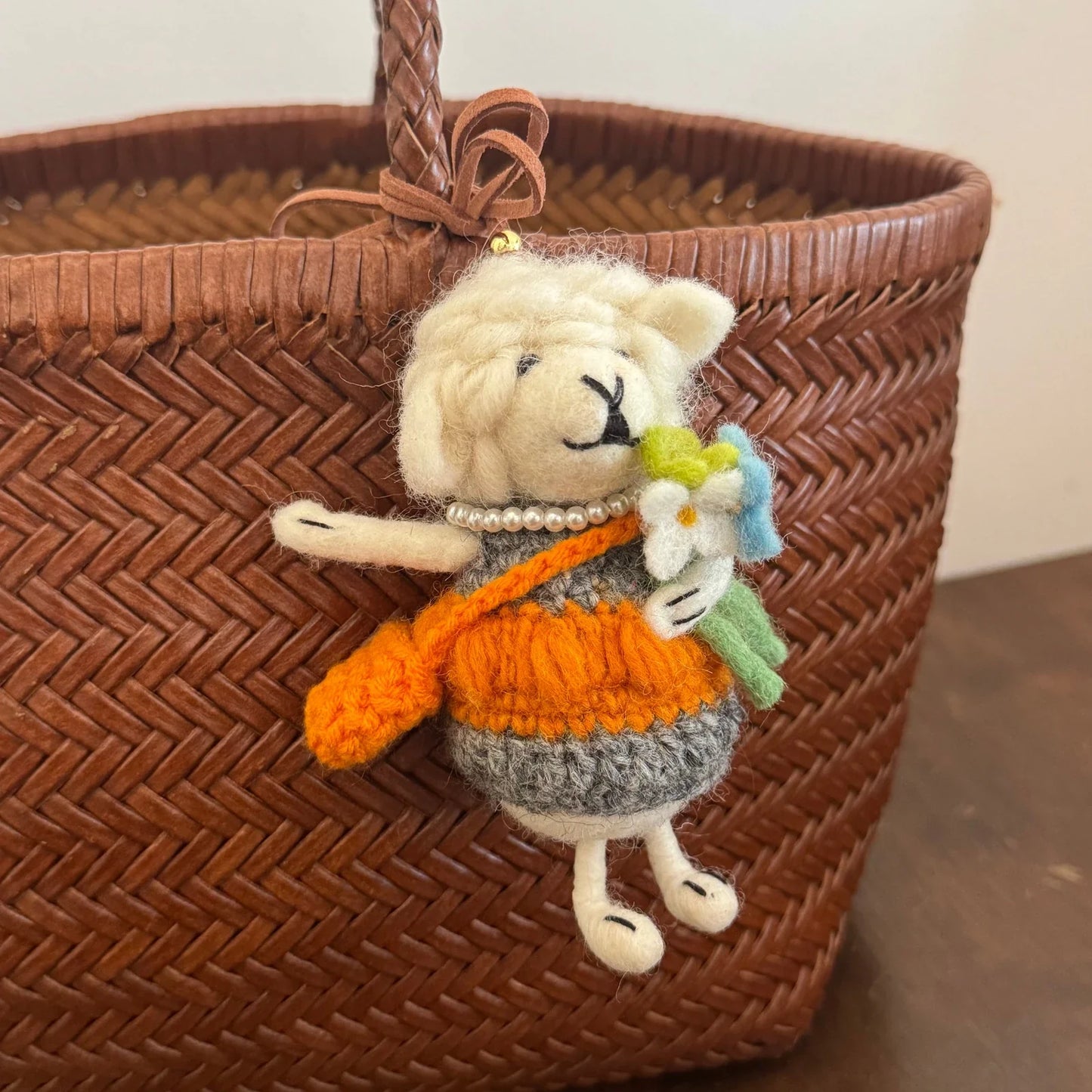 Handmade wool felt sheep bag charm – orange stripe sweater sheep