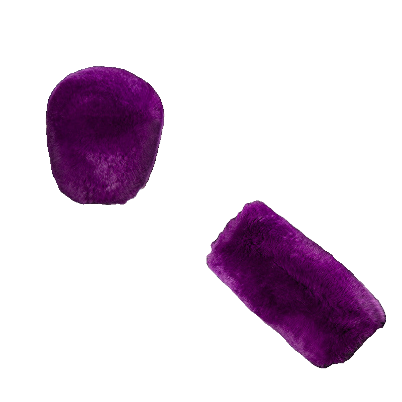 Purple genuine Rex rabbit fur gear shift and handbrake cover set on transparent background