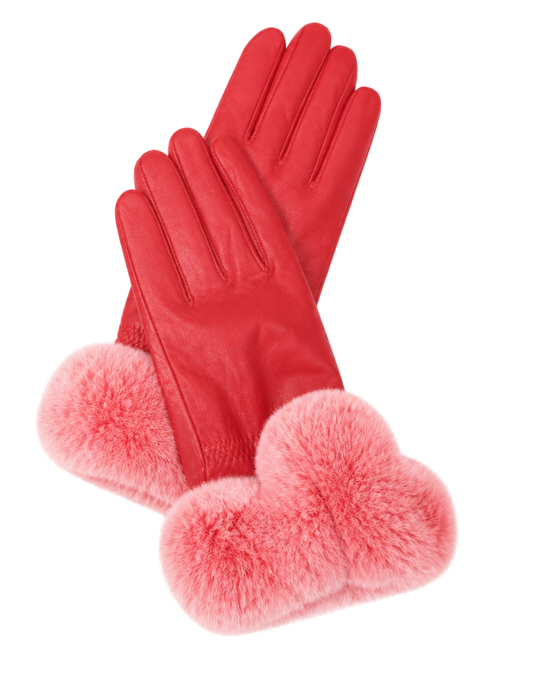 Red women's sheepskin leather gloves with genuine Rex rabbit fur cuffs