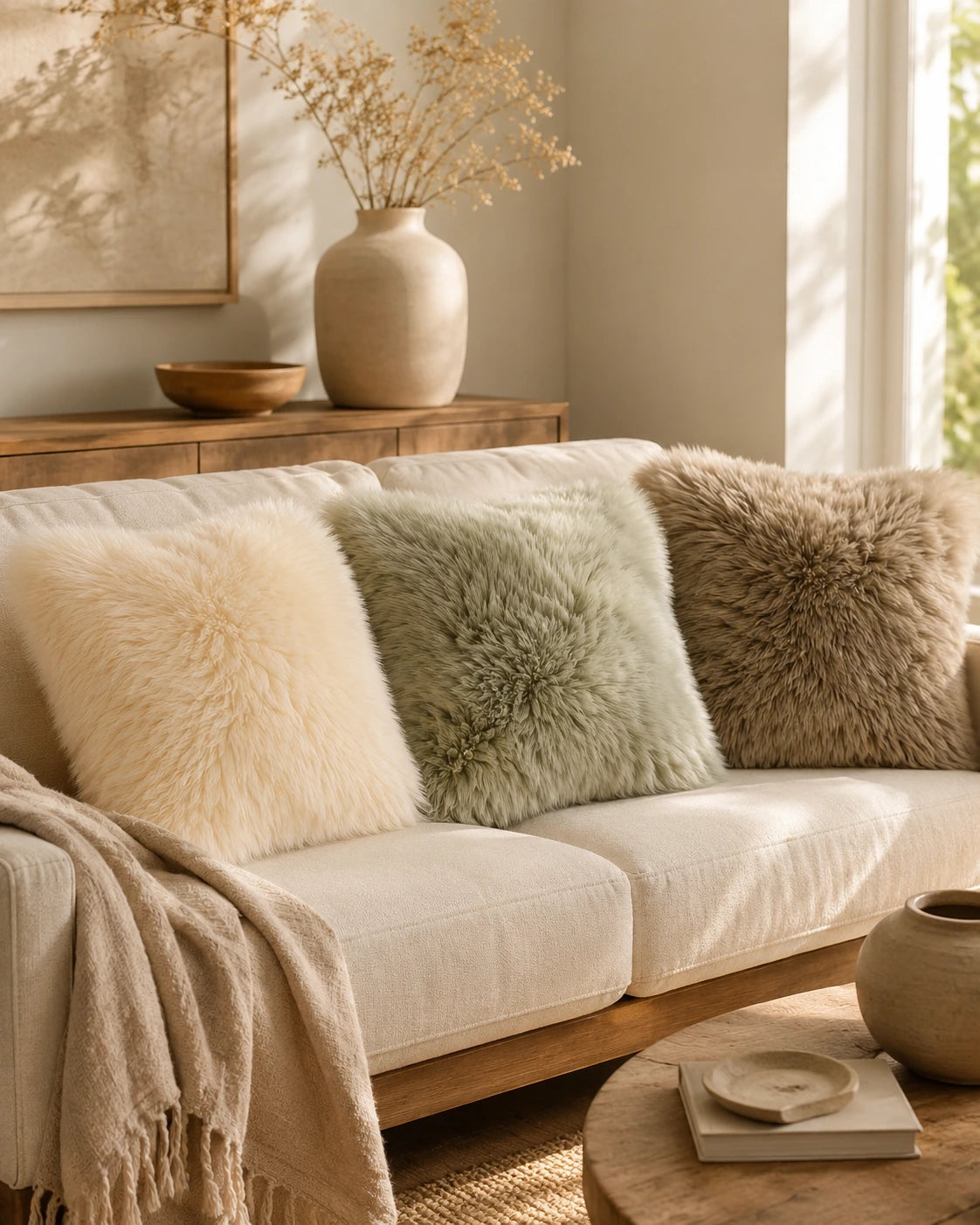 Australian wool pillows layered on a cream sofa