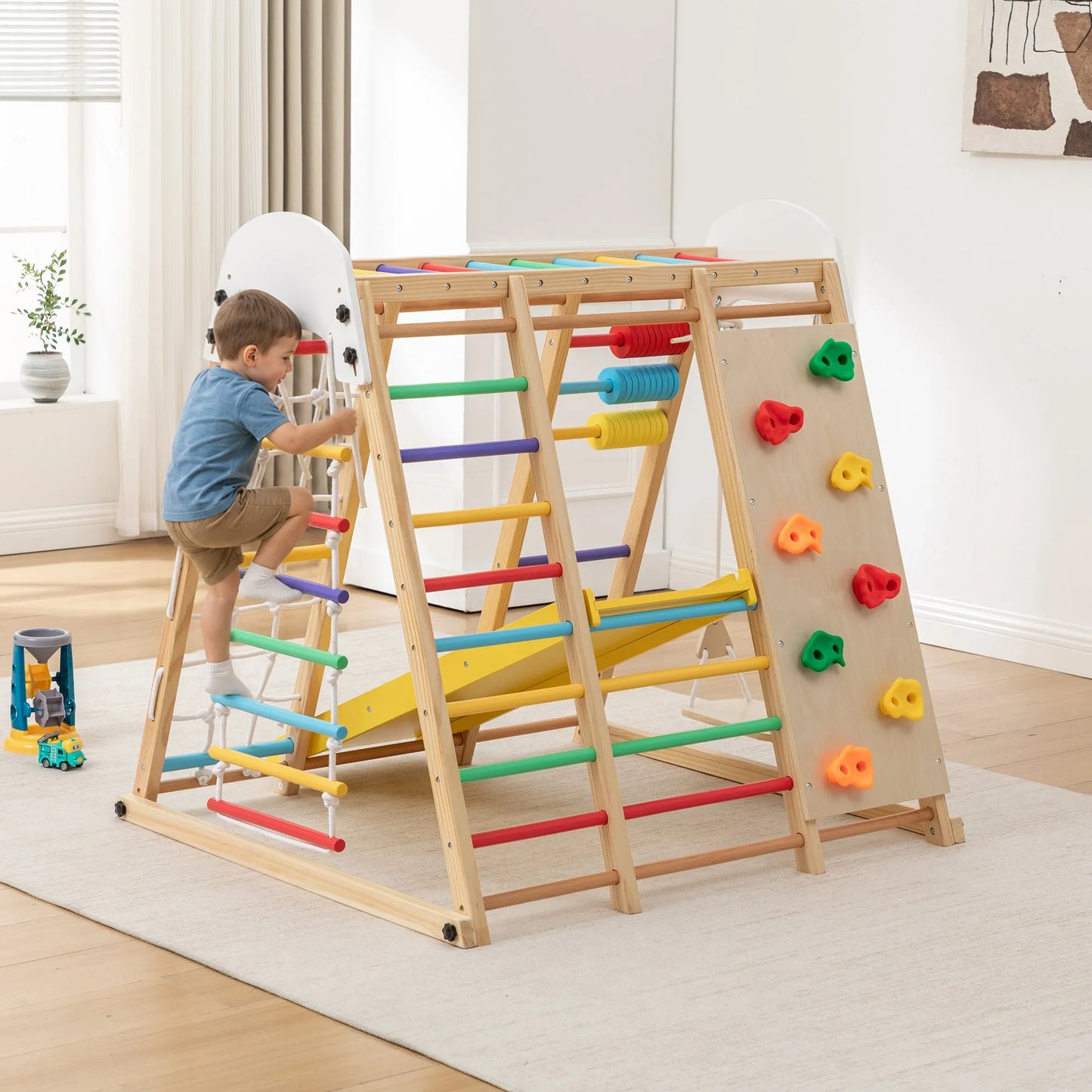 9-in-1 Foldable Kids Climbing Frame & Slide, Wooden Toddler Playground with Swing, Monkey Bars, Climbing Rock, Abacus Game – Indoor Outdoor Playset – view 19