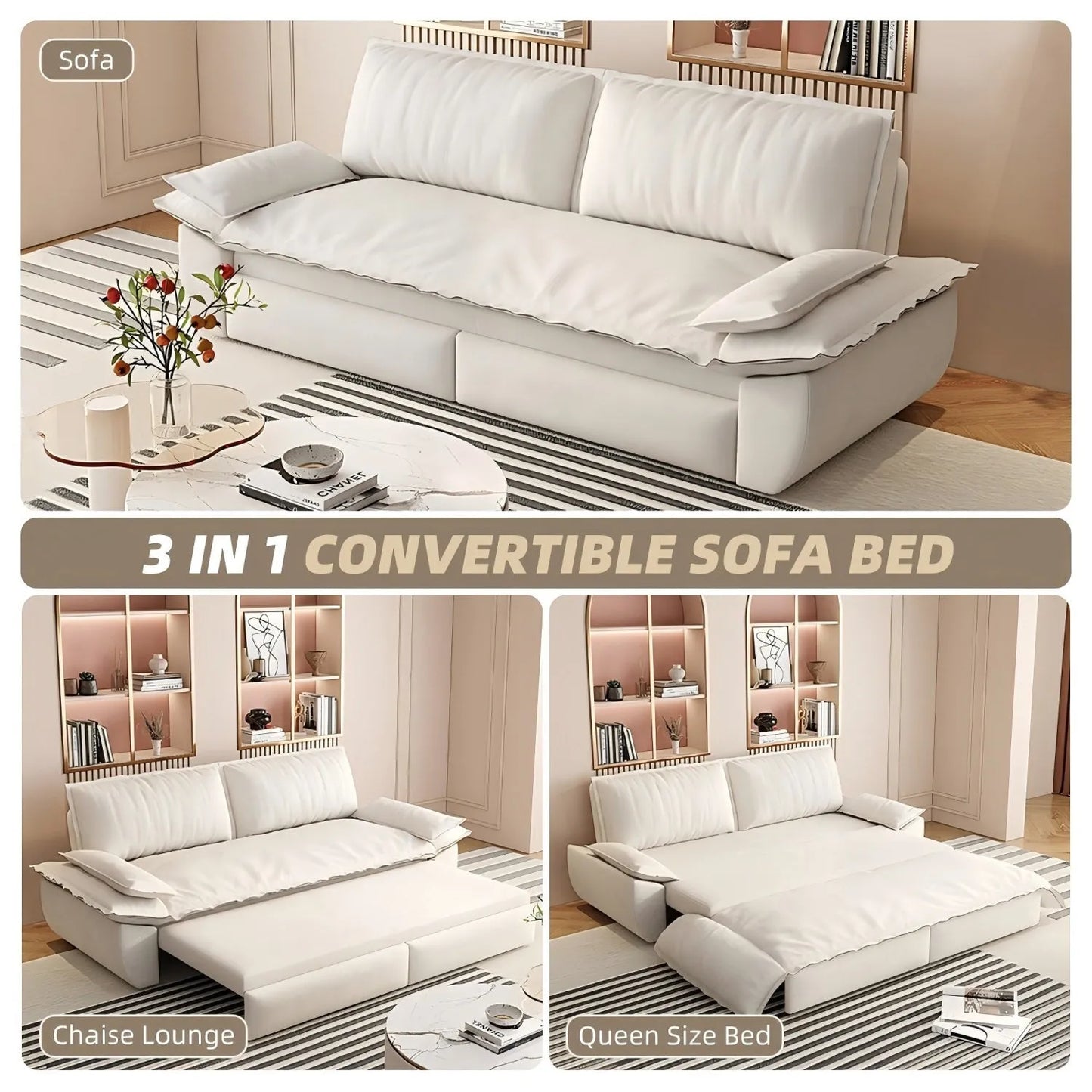 73.2'Queen Pull Out Sofa Bed,3-in-1 Convertible Sleeper Sofa,Multi-Functional Velvet Loveseat Bed,Beige/White – view 19