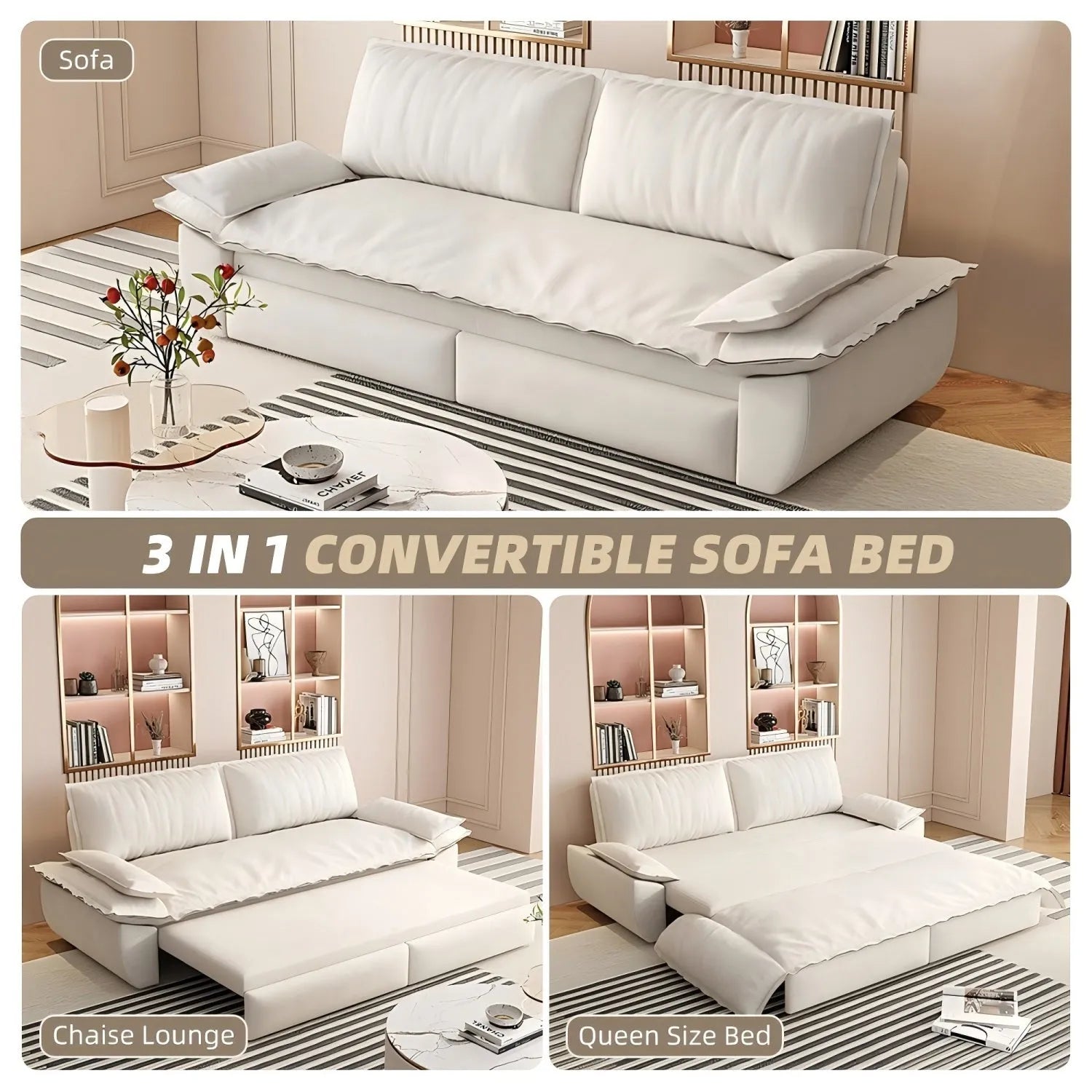73.2'Queen Pull Out Sofa Bed,3-in-1 Convertible Sleeper Sofa,Multi-Functional Velvet Loveseat Bed,Beige/White – view 19