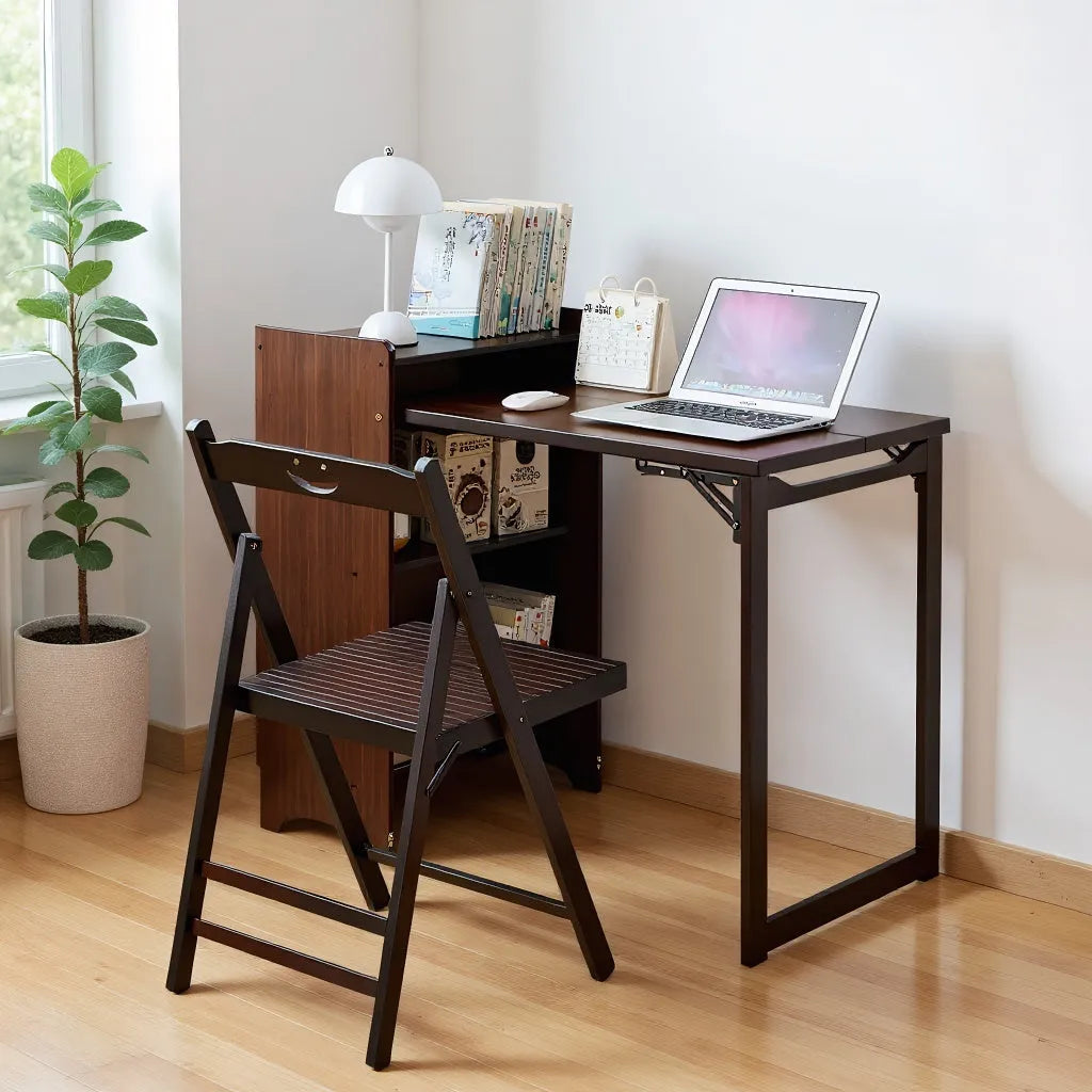 Bamboo Folding Desk, Foldable Desk for Small Space, Computer Desk with Hidden Storage, Mid Century Foldable Table for Home Office and Bedroom (Walnut – view 19