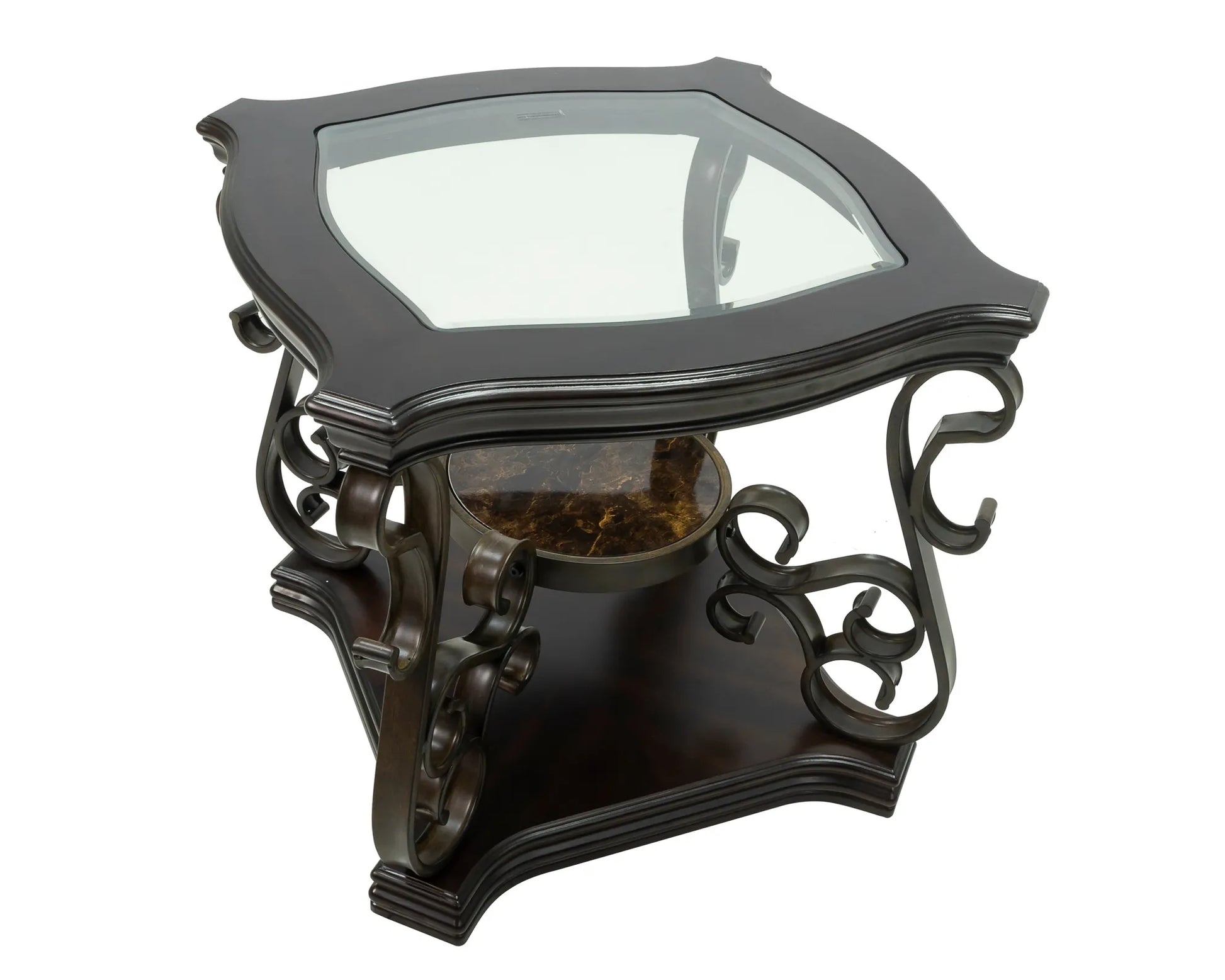 End table, Glass table top, MDF W/marble paper middle shelf, powder coat finish metal legs. (26.3'Lx26.3'Wx24'H) – view 19