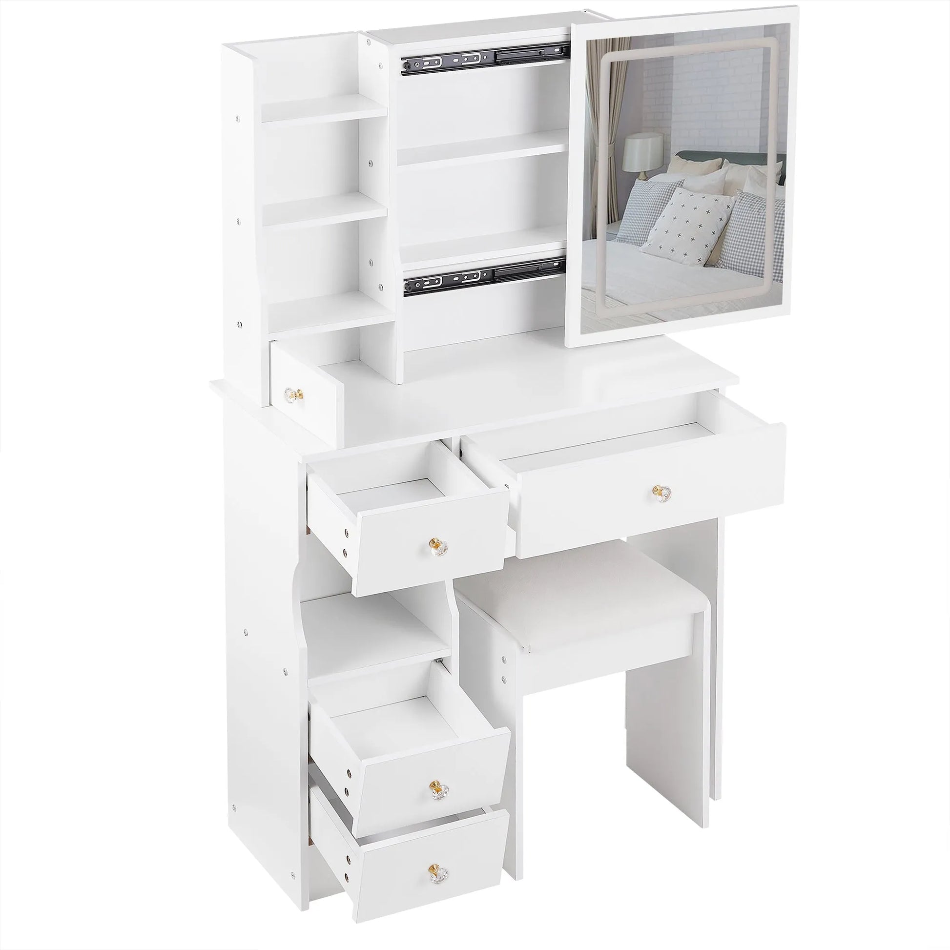 29.2' Small Size Left Drawer Desktop Vanity Table + Cushioned Stool, Large Sliding, Touch Control, Tri-color Switching, Brightness Adjust LED Mirror – view 19