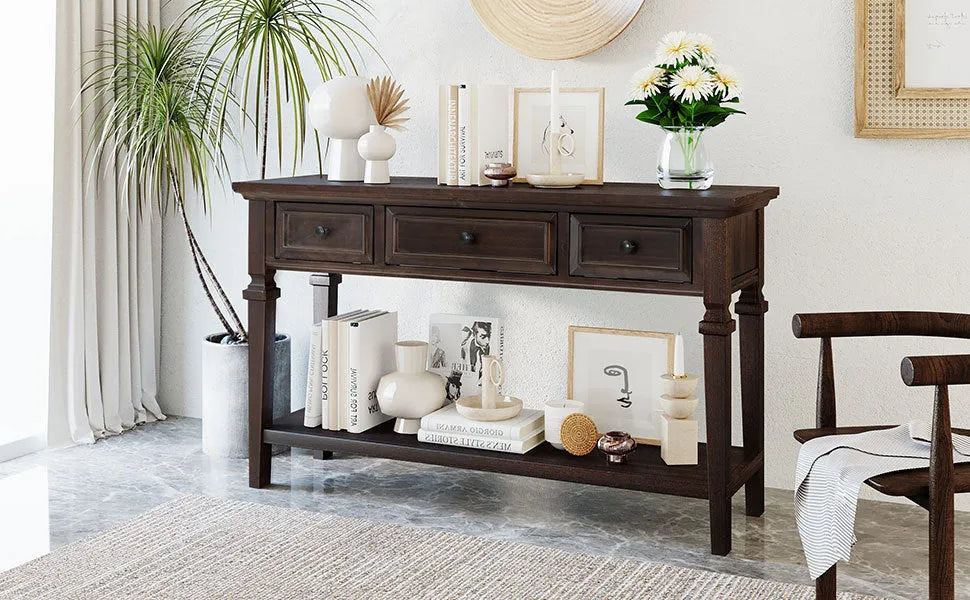 Classic Retro Style Console Table with Three Top Drawers and Open Style Bottom Shelf, Easy Assembly (Espresso) – view 19