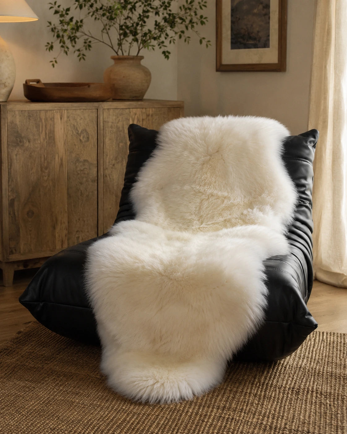 Cream genuine Australian sheepskin rug on a black lounge chair