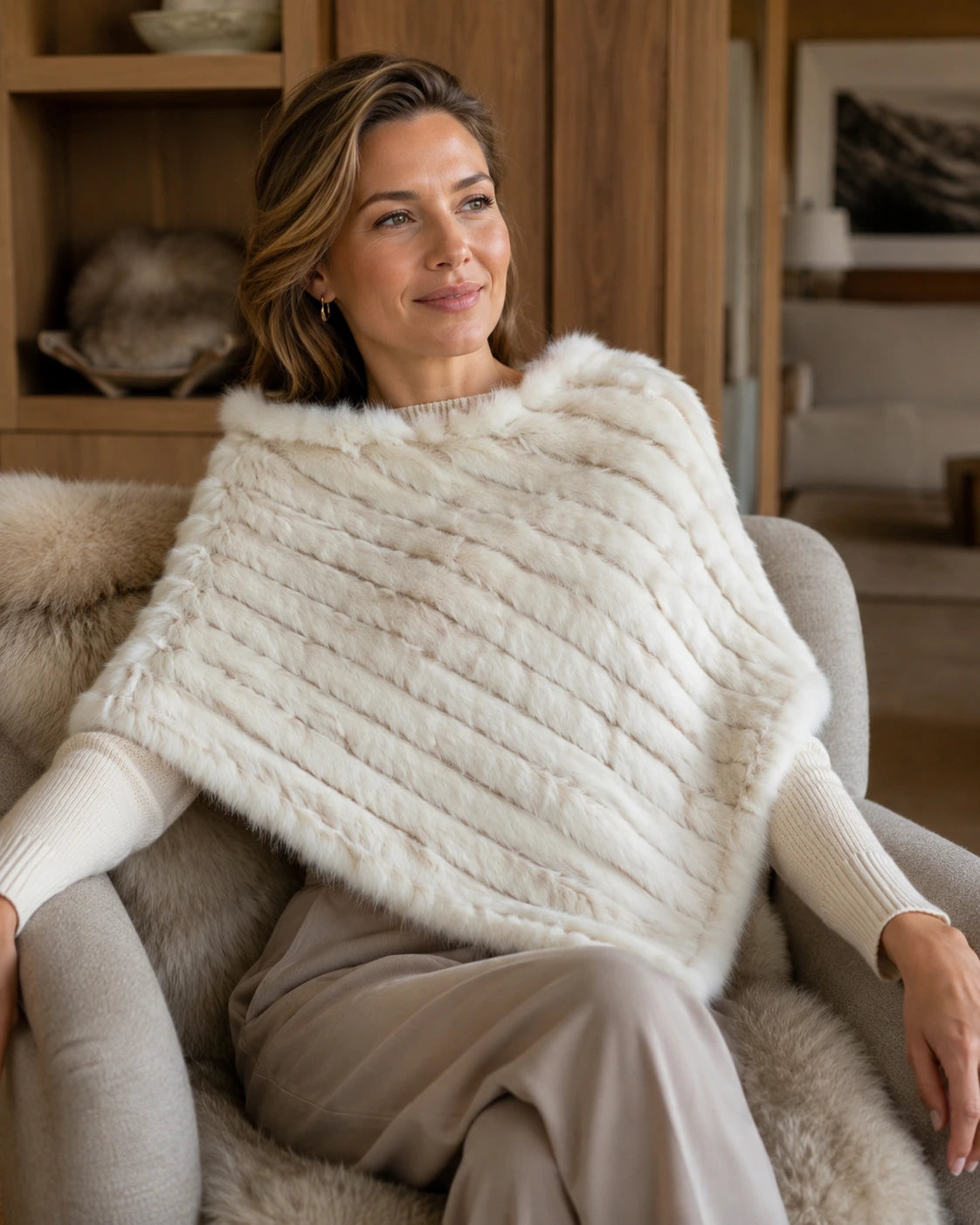Creamy white rabbit fur knit poncho worn in a quiet interior