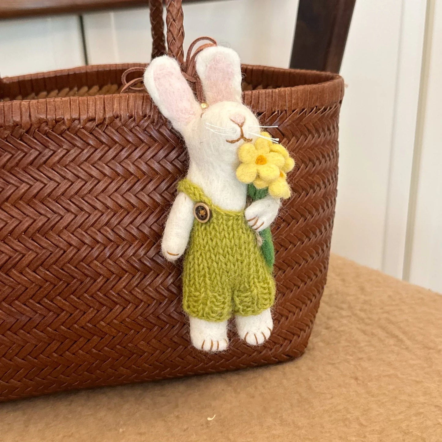 Green rabbit with yellow flowers wool felt charm
