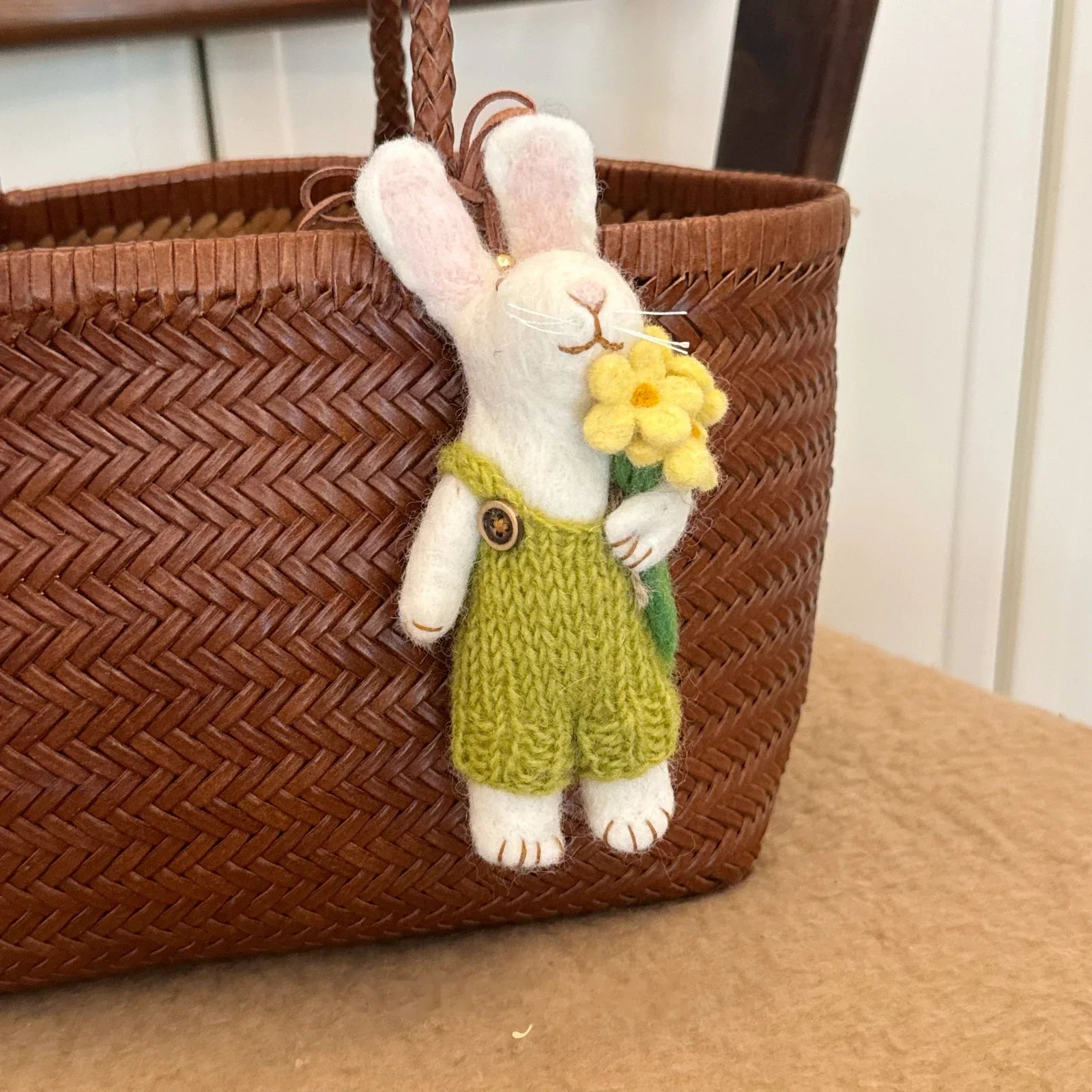 Green rabbit with yellow flowers wool felt charm