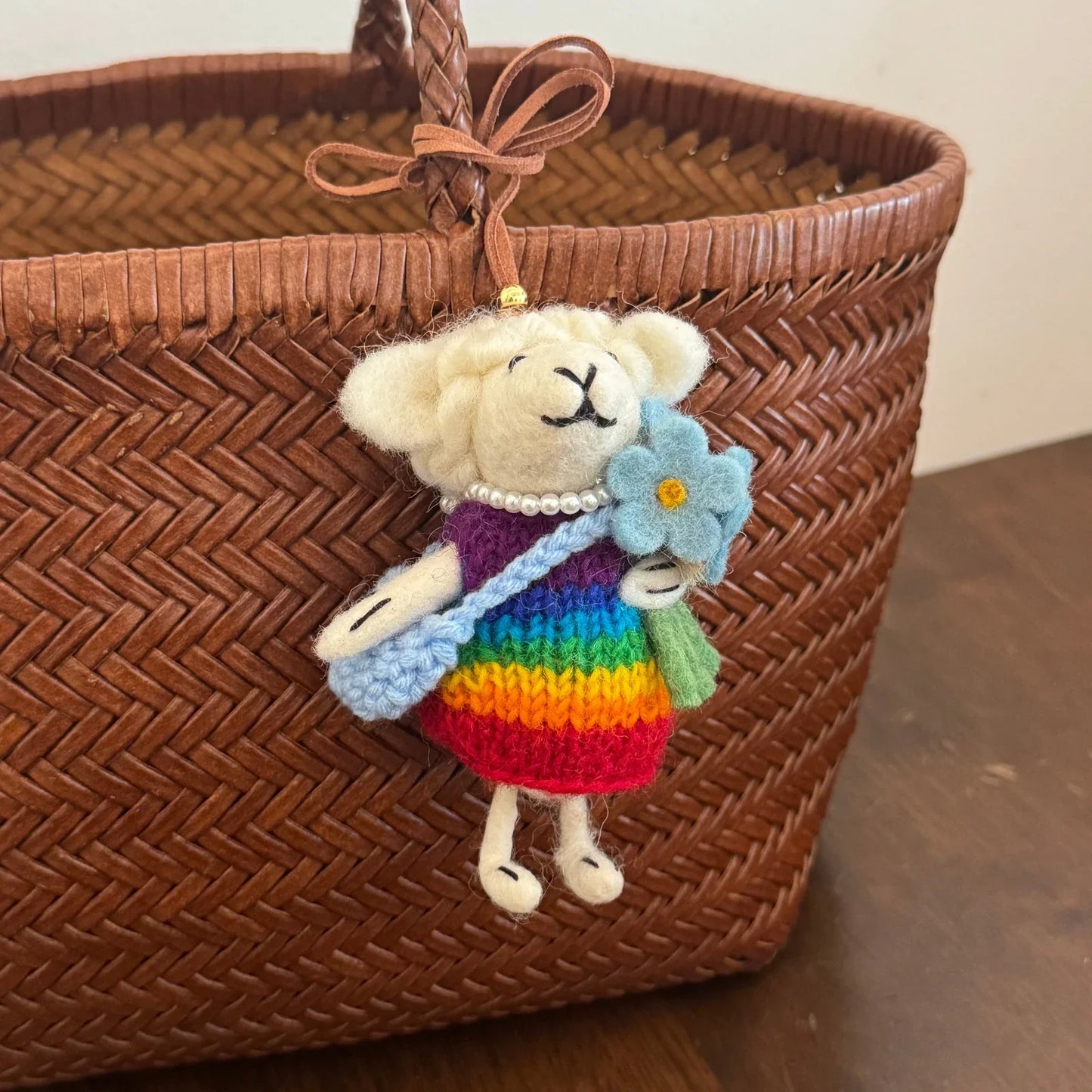 Handmade wool felt sheep bag charm – multicolor sweater blue flower sheep