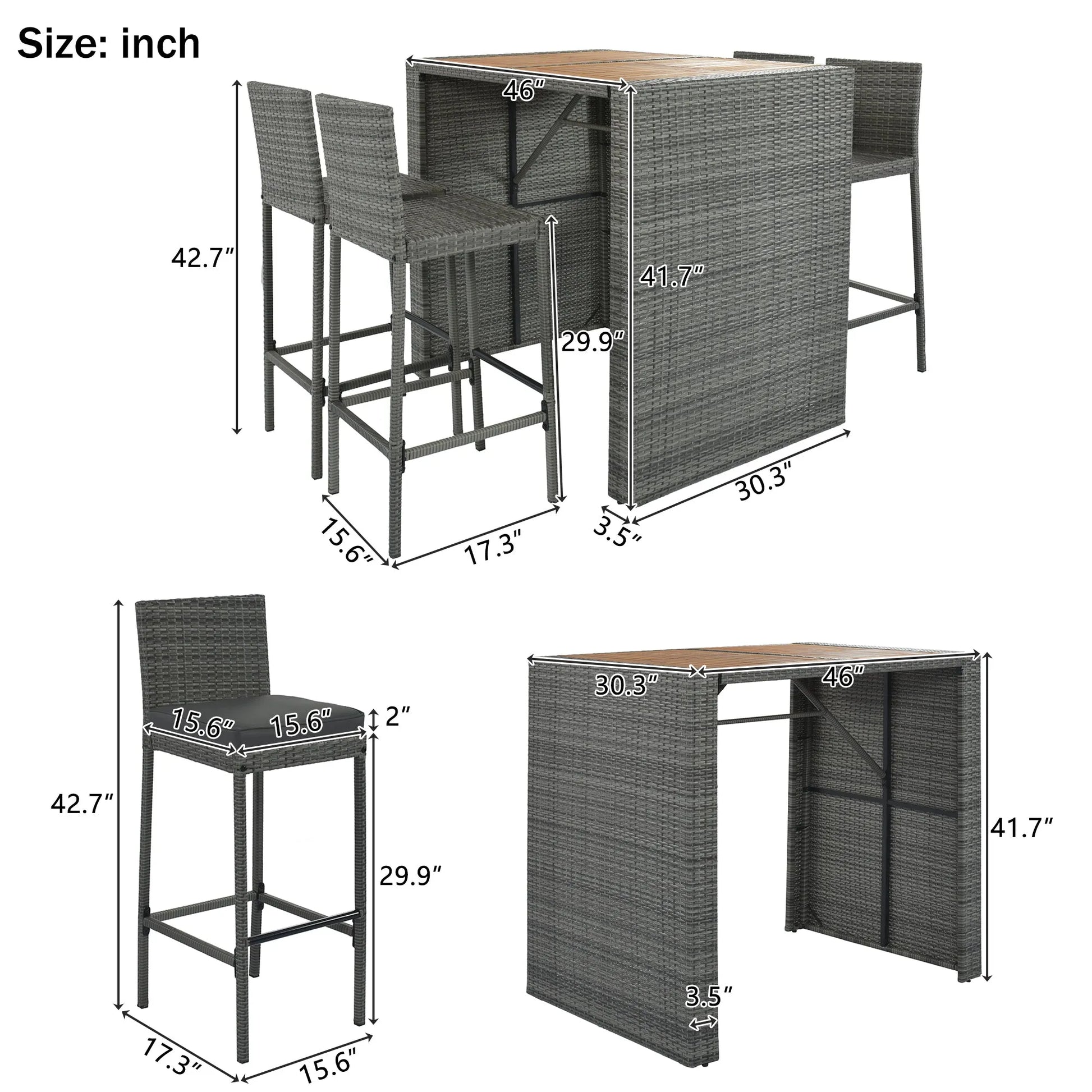<Old SKU: FG201216AAE> GO 5-pieces Outdoor Patio Wicker Bar Set, Bar Height Chairs With Non-Slip Feet And Fixed Rope, Removable Cushion, Acacia Wood – view 20