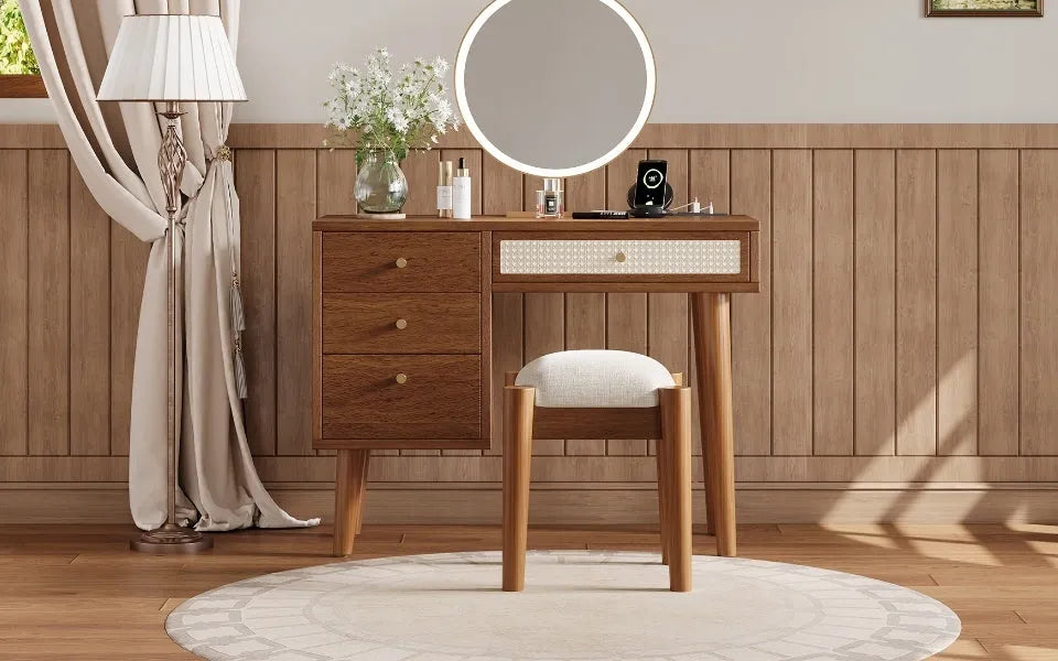 39' Retro Bohemian Style Wooden Makeup Vanity Set with Charging Plug&USB Port and Stool, Dressing Table with 3 Storage Drawers and 1 Rectangular – view 20