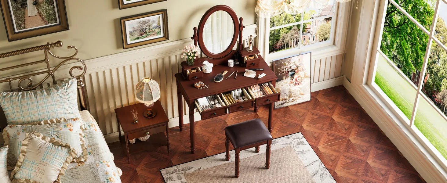 Vanity Desk with Adjustable Angle Mirror, Vintage Vanity Makeup Table and Cushioned Stool Set with Velvet Fabric Lining 5 Drawers,Wooden Dressing – view 20
