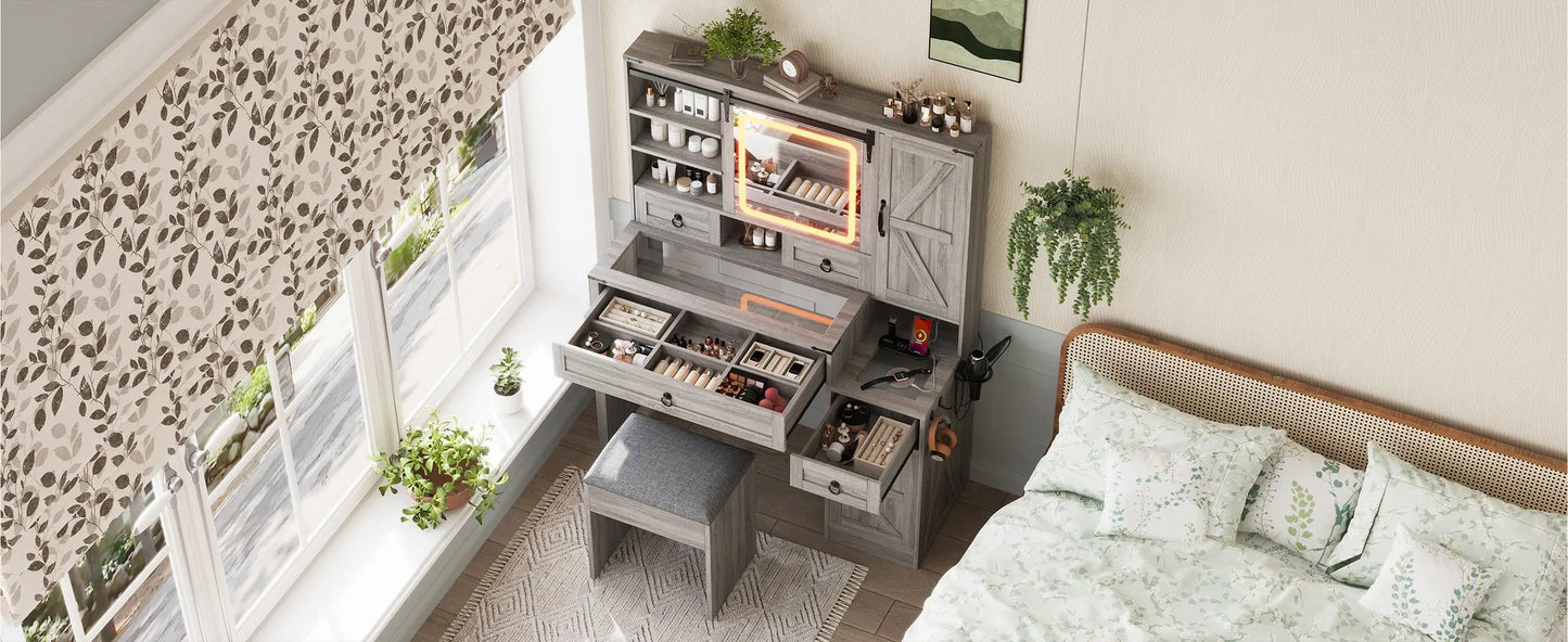 Farmhouse Vanity Desk with Sliding Mirror and Lights, Vanity Set with Glass Top and Charging Station ,Dressing Table with 4 Drawers and 2 Cabinets – view 20
