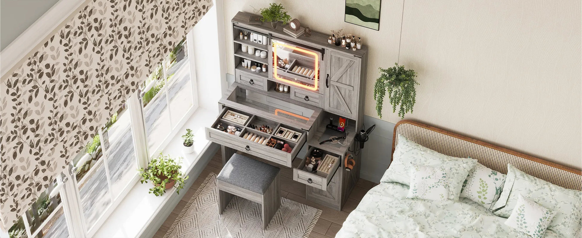 Farmhouse Vanity Desk with Sliding Mirror and Lights, Vanity Set with Glass Top and Charging Station ,Dressing Table with 4 Drawers and 2 Cabinets – view 20