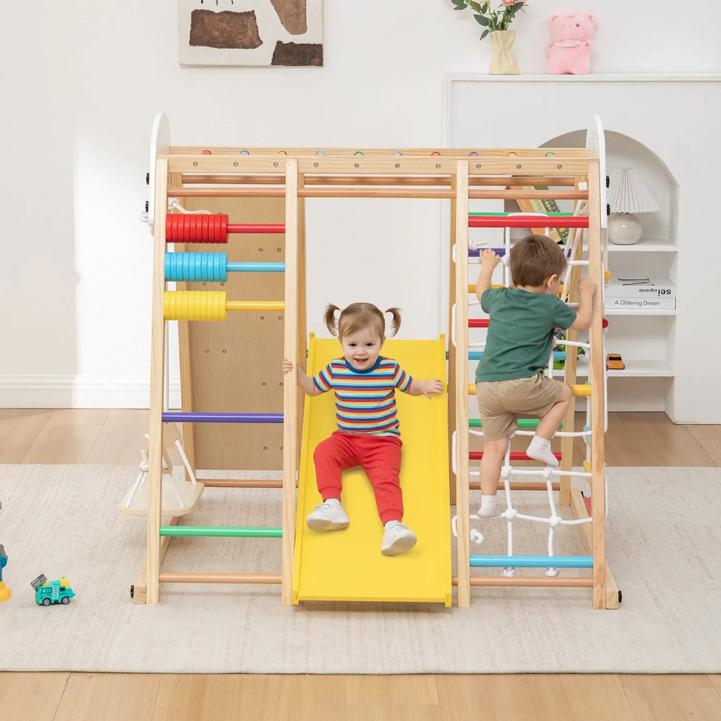9-in-1 Foldable Kids Climbing Frame & Slide, Wooden Toddler Playground with Swing, Monkey Bars, Climbing Rock, Abacus Game – Indoor Outdoor Playset – view 20