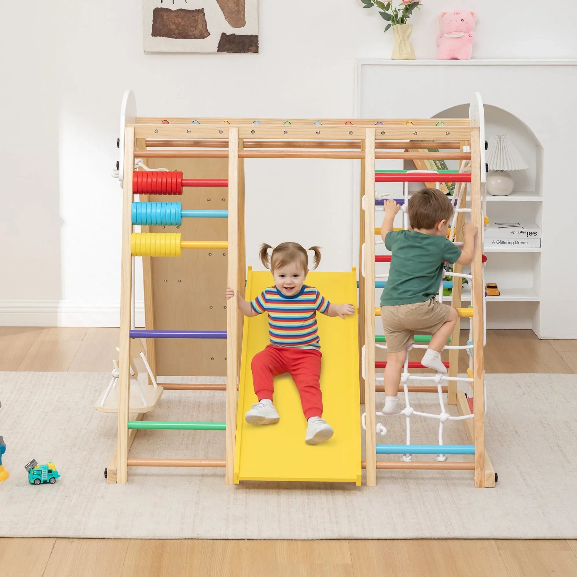 9-in-1 Foldable Kids Climbing Frame & Slide, Wooden Toddler Playground with Swing, Monkey Bars, Climbing Rock, Abacus Game – Indoor Outdoor Playset – view 20