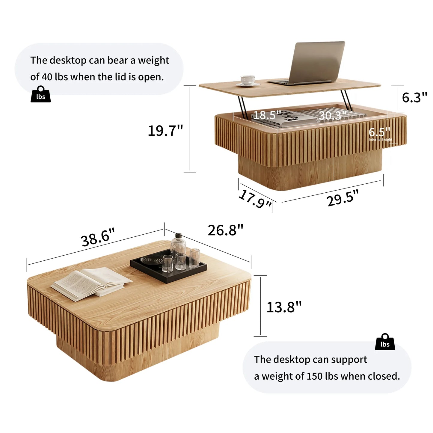 38.6'' Fluted Lift-top Coffee Table Solid Wood Veneered Modern Coffee Table Accent Tea Table with Storage and Adjustable Height for Living Room – view 20