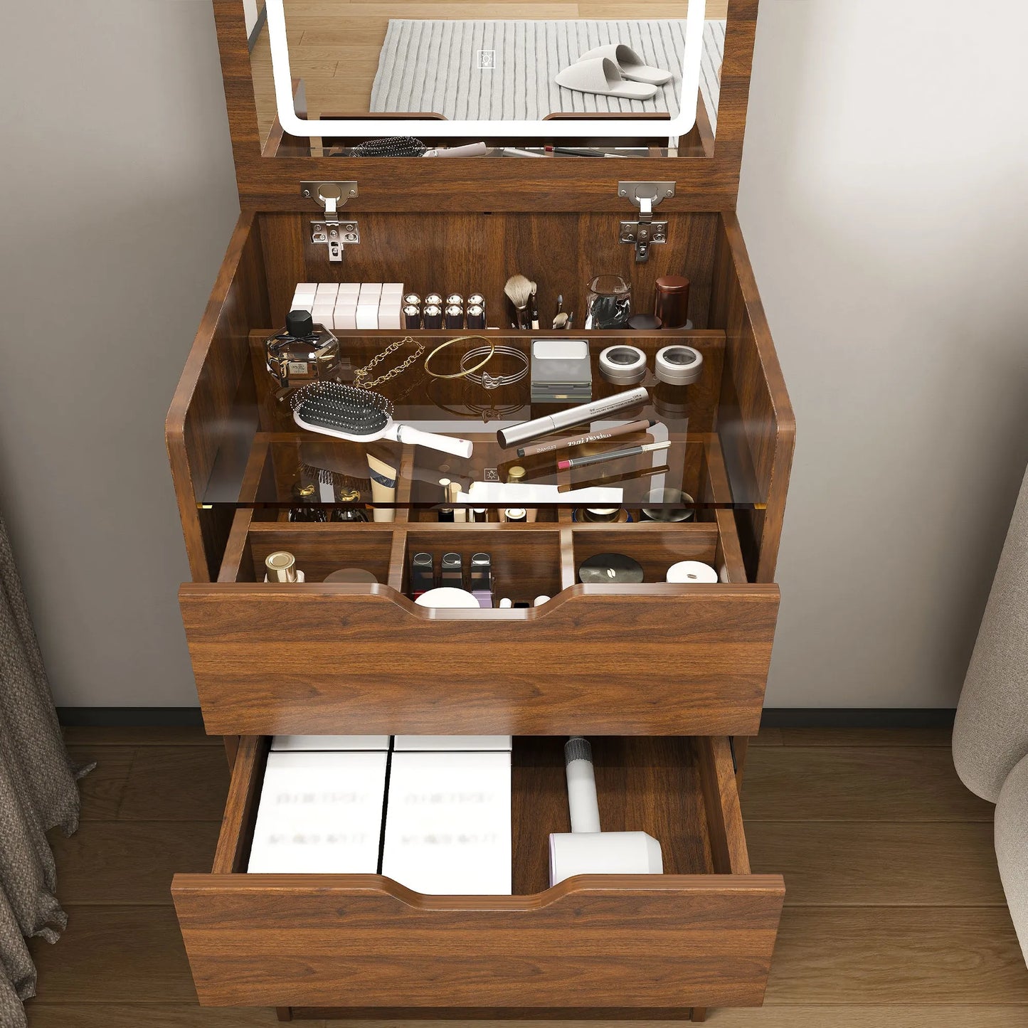 3-in-1 Vanity Desk with Lighted Mirror & Stool, Flip Top Makeup Dressing Table in Walnut Finish, Compact Storage for Bedroom, Bathroom, or Dressing – view 20