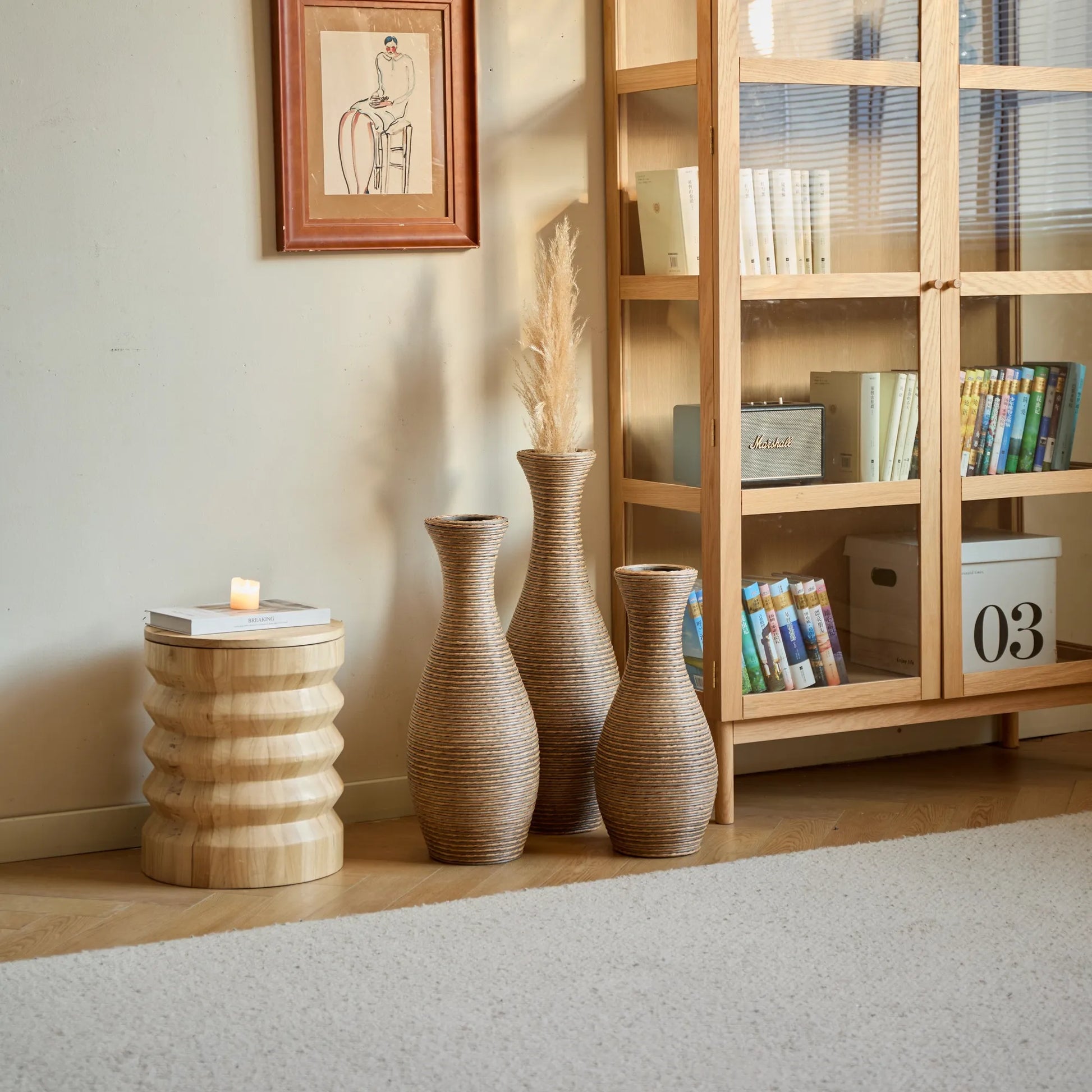 3-Piece Artificial Rattan Floor Vase Set – Decorative Accent for Living Room, Hallway & Entryway, Ideal for Dried or Silk Flower Arrangements, Beige – view 20
