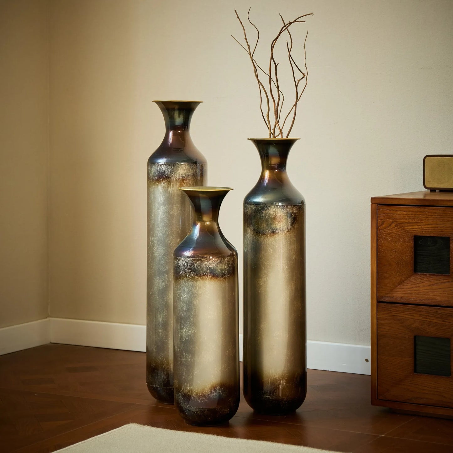 Modern Droplet-Shaped Floor Vase Set – Gold & White Glazed Metal Decorative Vases – 3-Piece Home Accent for Living Room or Entryway – view 20