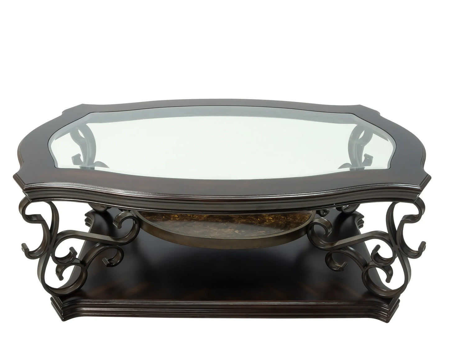 Cocktail Table, Glass table top, MDF W/marble paper middle shelf, powder coat finish metal legs. (52'Lx32'Wx20.3'H) – view 20