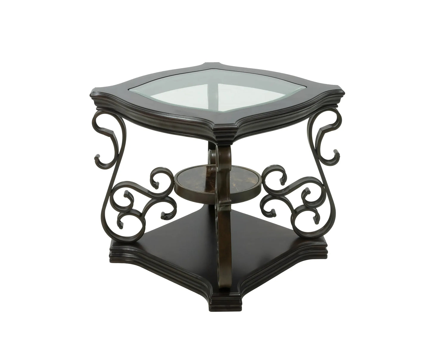 End table, Glass table top, MDF W/marble paper middle shelf, powder coat finish metal legs. (26.3'Lx26.3'Wx24'H) – view 20