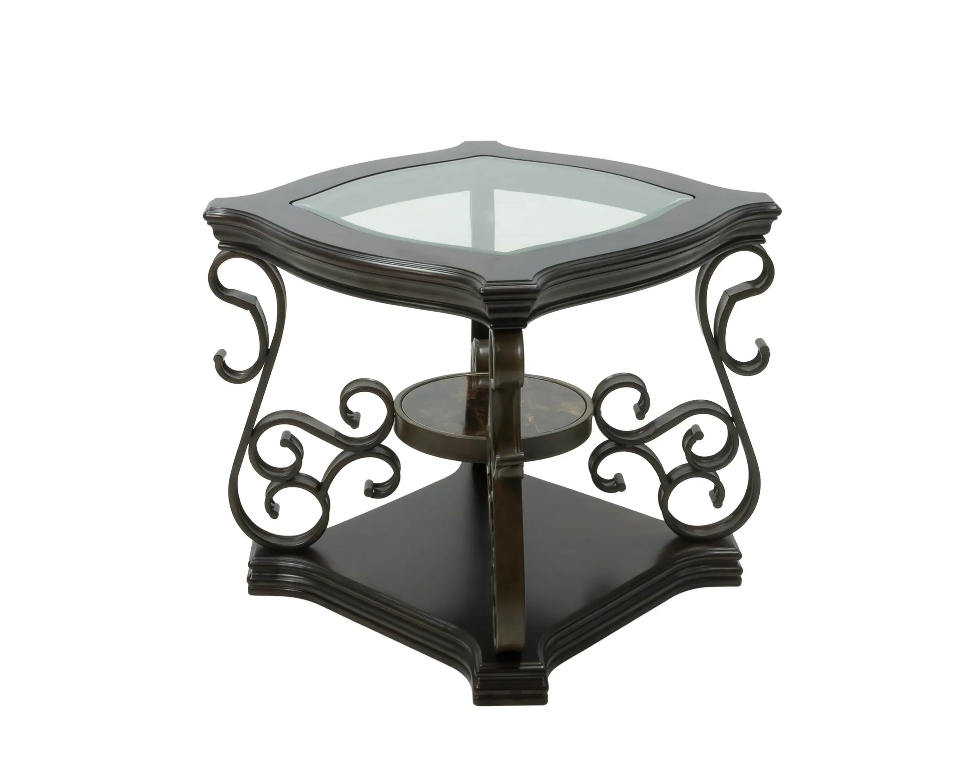End table, Glass table top, MDF W/marble paper middle shelf, powder coat finish metal legs. (26.3'Lx26.3'Wx24'H) – view 20