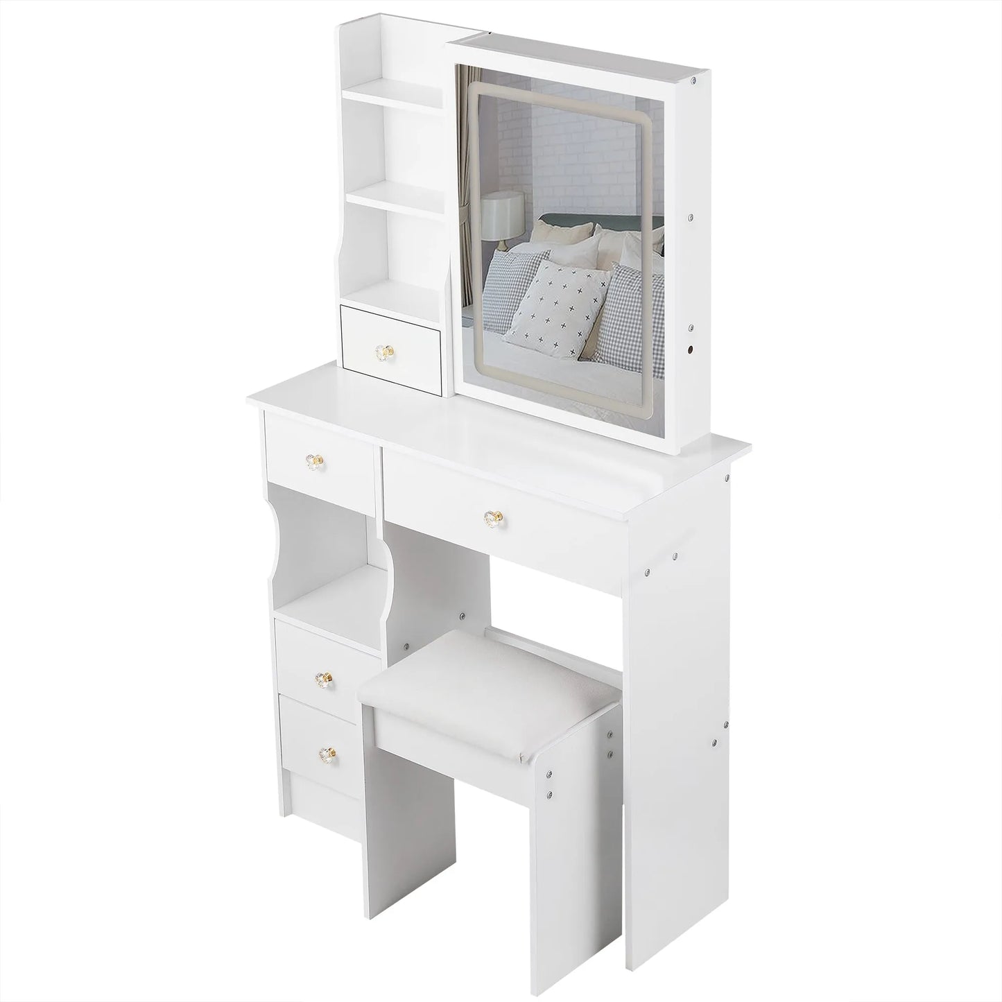 29.2' Small Size Left Drawer Desktop Vanity Table + Cushioned Stool, Large Sliding, Touch Control, Tri-color Switching, Brightness Adjust LED Mirror – view 20