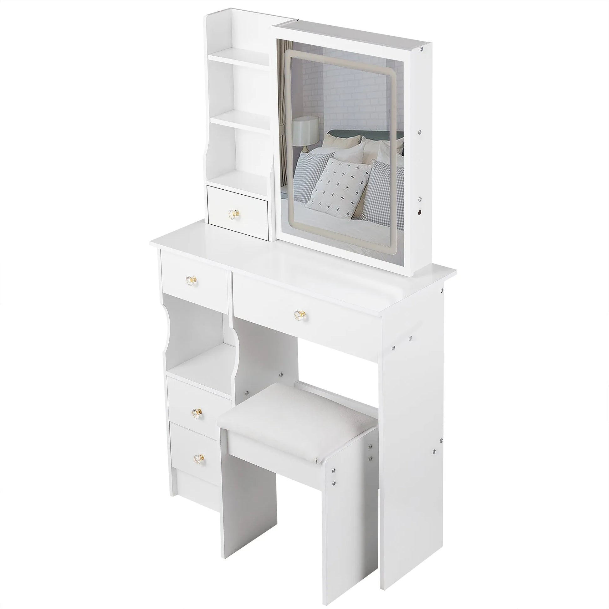 29.2' Small Size Left Drawer Desktop Vanity Table + Cushioned Stool, Large Sliding, Touch Control, Tri-color Switching, Brightness Adjust LED Mirror – view 20