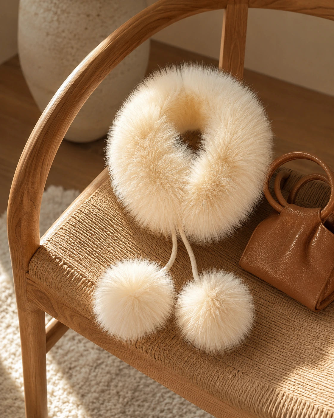Warm Cream genuine fox fur loop scarf styled with a leather bag on a cane chair