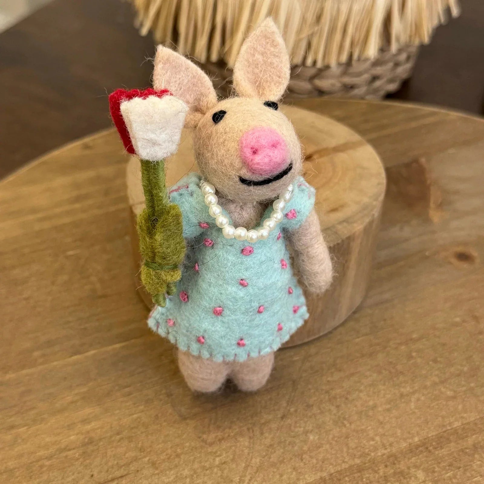 Tulip Pig handmade wool felt bag charm and keychain