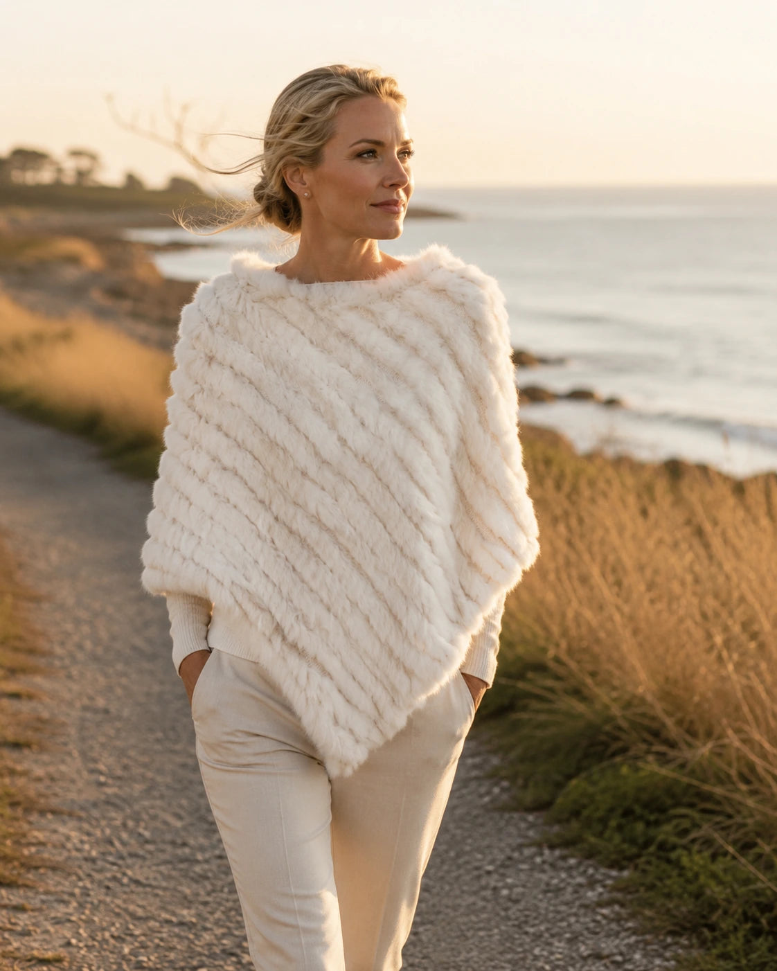 Creamy white rabbit fur knit poncho worn on a dry coastal walk