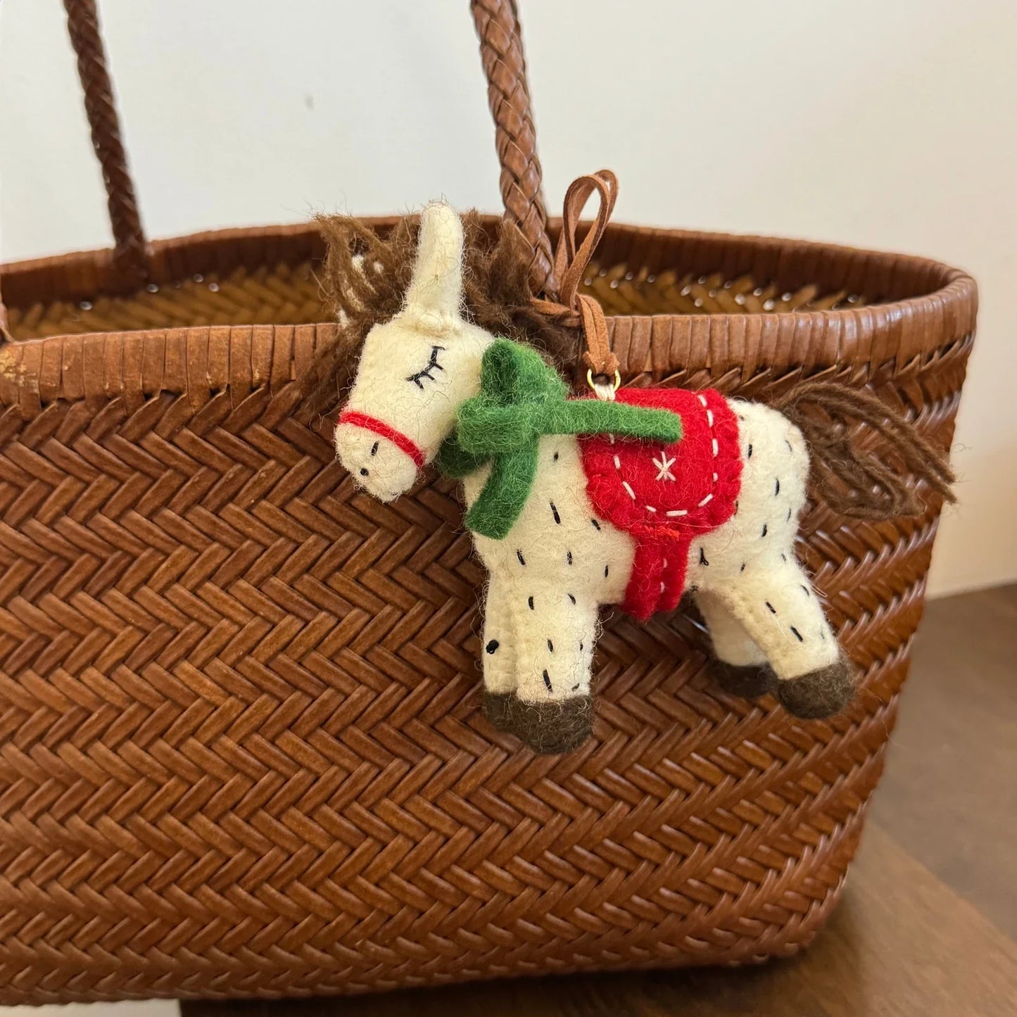 Wool felt horse charm with green scarf