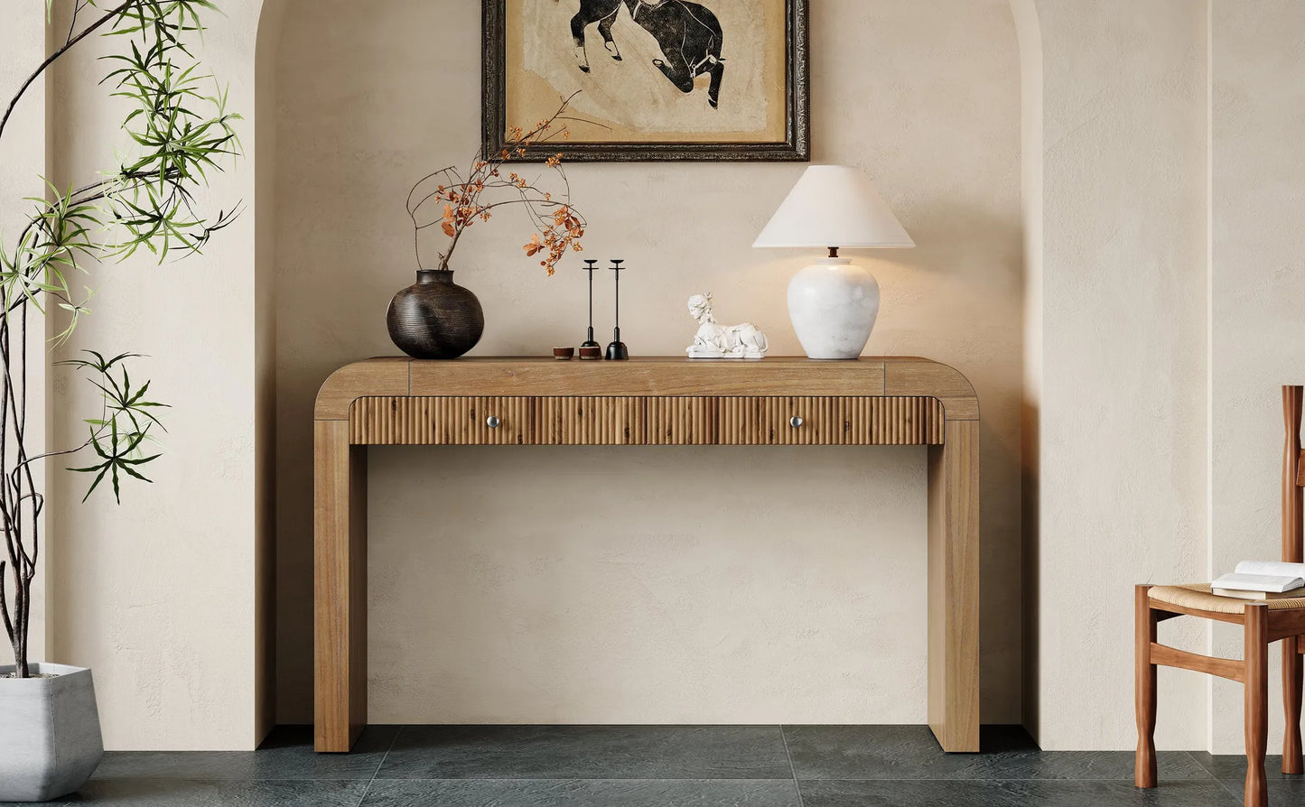 Rustic Console Table with Fluted Drawer Front, Entryway Table with Curved Corners & Thick Legs, Sturdy Sofa Table for Hallway & Living Room (Natural) – view 21