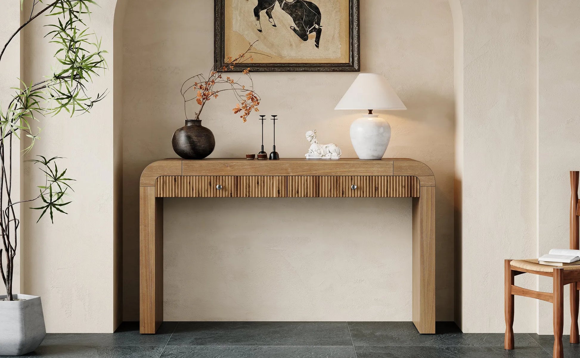 Rustic Console Table with Fluted Drawer Front, Entryway Table with Curved Corners & Thick Legs, Sturdy Sofa Table for Hallway & Living Room (Natural) – view 21