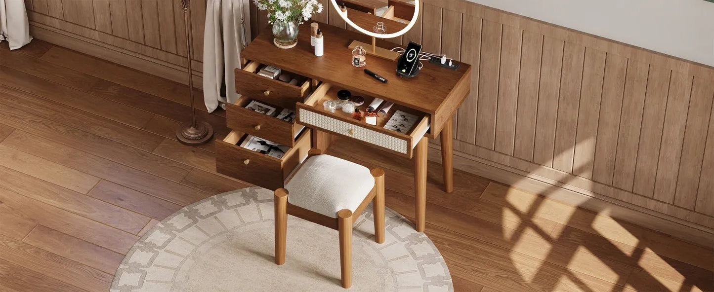 39' Retro Bohemian Style Wooden Makeup Vanity Set with Charging Plug&USB Port and Stool, Dressing Table with 3 Storage Drawers and 1 Rectangular – view 21