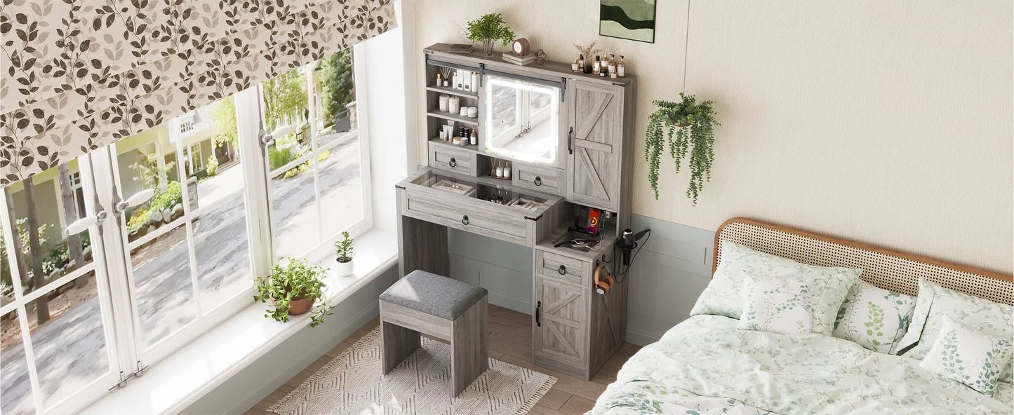 Farmhouse Vanity Desk with Sliding Mirror and Lights, Vanity Set with Glass Top and Charging Station ,Dressing Table with 4 Drawers and 2 Cabinets – view 21