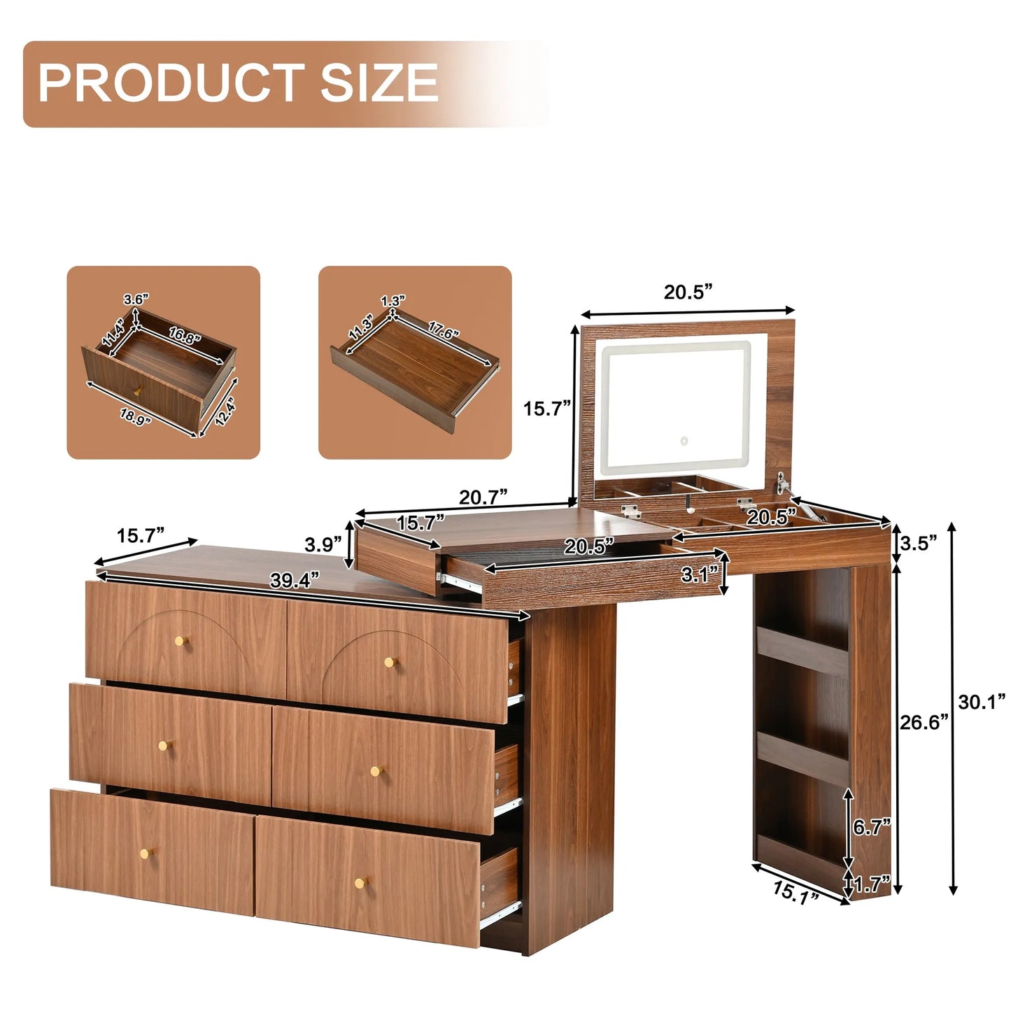 Vanity Desk with Mirror and Lights, Makeup Vanity Table with Flip-Top Tabletop and Storage 7 Drawers, 9 Compartments, 3 Shelves, 3 Color Modes – view 21